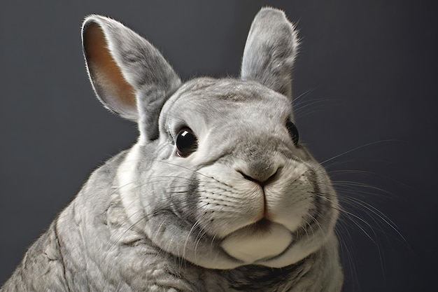 Portrait d'un lapin gris sur un fond gris en gros plan