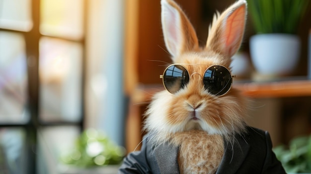 Portrait d'un lapin portant des vêtements élégants et des lunettes de soleil sur un fond bokeh image générative d'IA