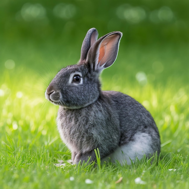 Portrait de lapin Silver Fox de pâques calme tout le corps assis dans un champ vert