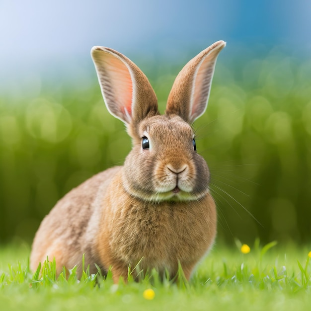 Portrait de lapin Tam de Pâques calme tout le corps assis dans un champ vert