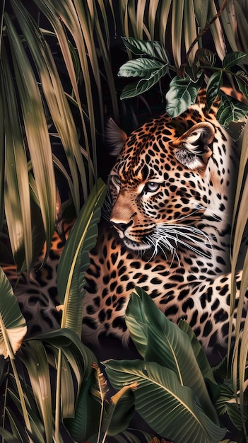 Photo portrait d'un léopard dessin d'un beau grand chat parmi les feuilles de palmier idée de protéger la faune