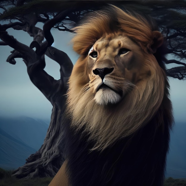 portrait d'un lion avec un arbre en arrière-plan