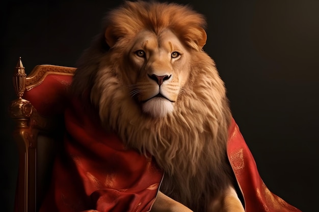 Portrait de Lion assis sur un trône dans un manteau ou une cape et regardant vers la caméra Gros plan IA générative