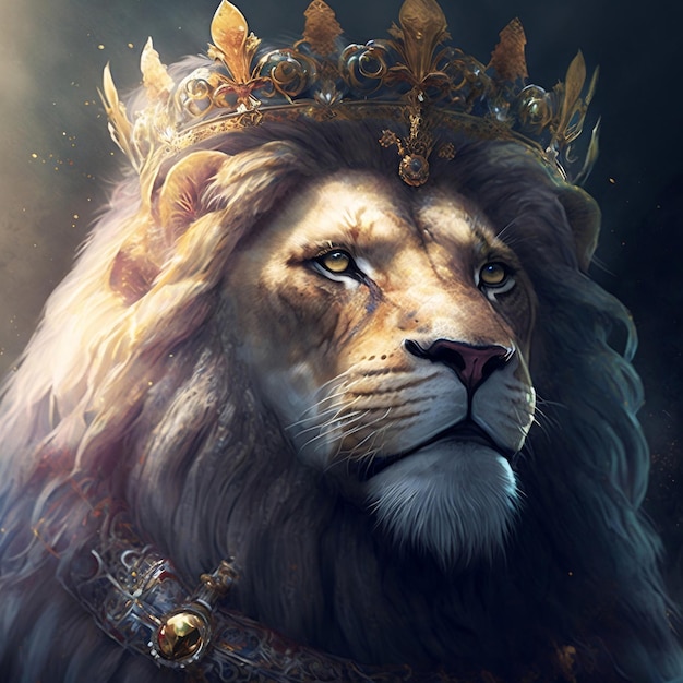 Portrait d'un lion avec une couronne sur la tête