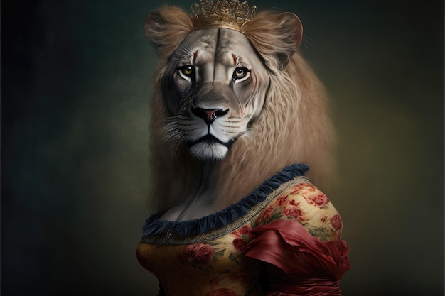 Portrait de lion dans une robe victorienne