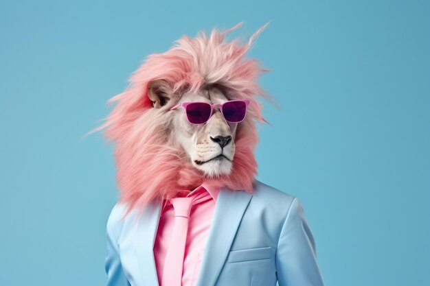 Photo portrait de lion drôle à la mode en tenue élégante sur fond bleu en studio