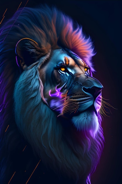 portrait d'un lion avec un effet néon en arrière-plan