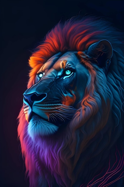 portrait d'un lion avec un effet néon en arrière-plan