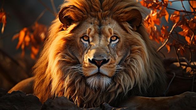 portrait de lion sur fond de coucher de soleil