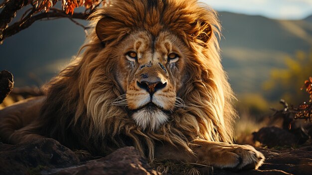 portrait de lion sur fond de coucher de soleil