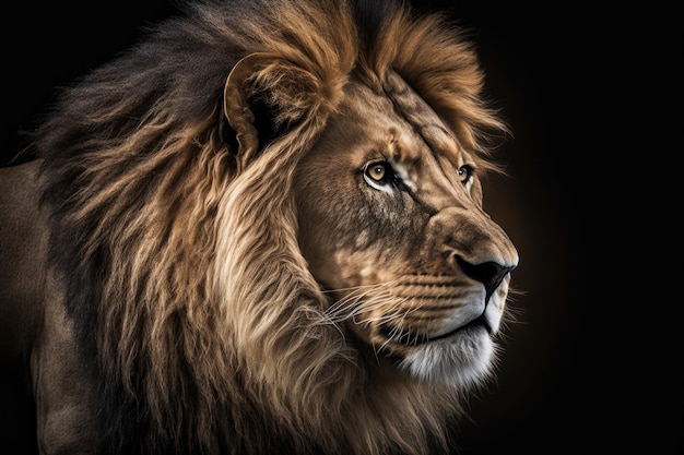 Un portrait d'un lion sur fond noir