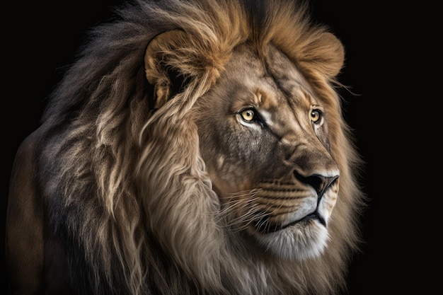 Un portrait d'un lion avec un fond noir