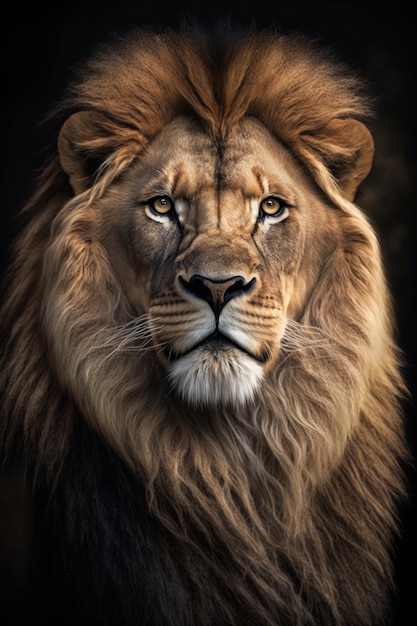 Portrait de lion sur fond sombre AI Generative