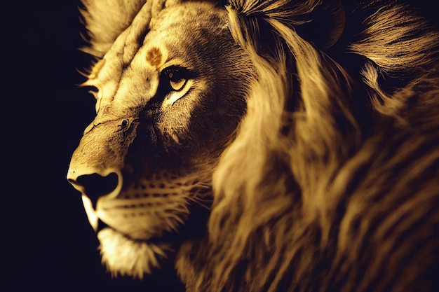 Portrait d'un lion gros plan du visage de lion sauvage sur fond noir