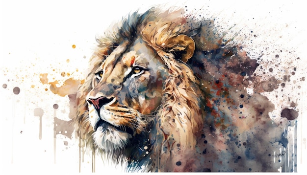 Portrait de lion majestueux peinture aquarelle sur blanc IA générative