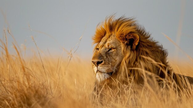 Portrait d'un lion sur la savane Portrait d'un lion mâle fort