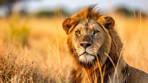 Portrait d'un lion sur la savane Portrait d'un lion mâle fort