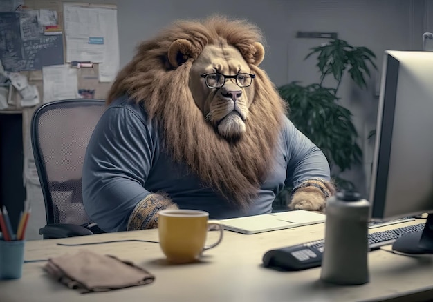 Portrait de lion travaillant dans un bureau