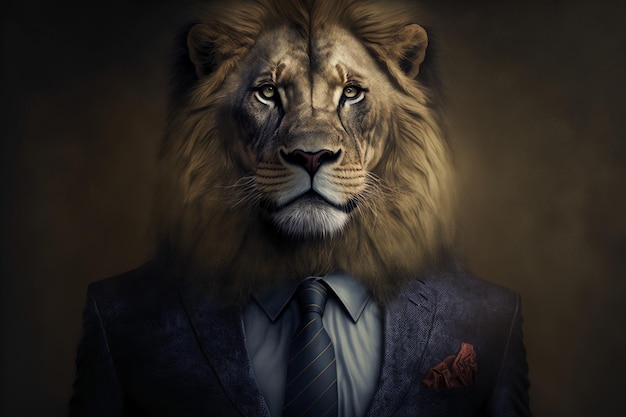 Portrait d'un lion vêtu d'un costume formel.