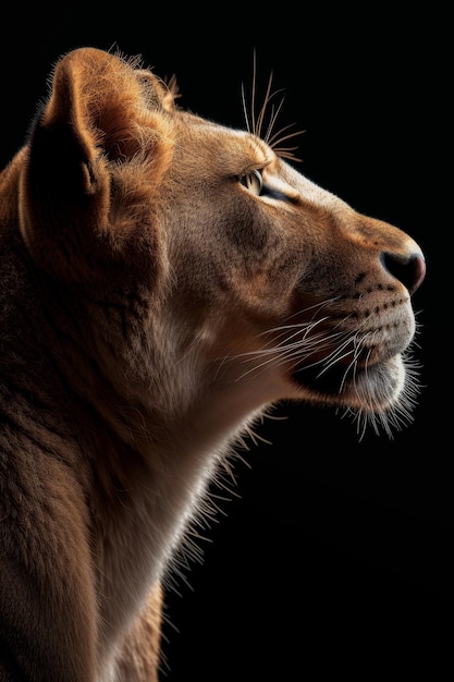 Portrait d'une lionne de profil sur un fond noir