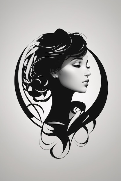 Portrait de logo d'illustration plate de femme élégante en noir et blanc