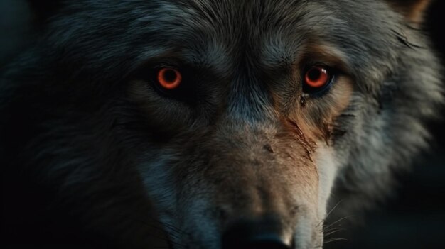 Portrait d'un loup aux yeux rouges dans la forêt la nuit ai générative