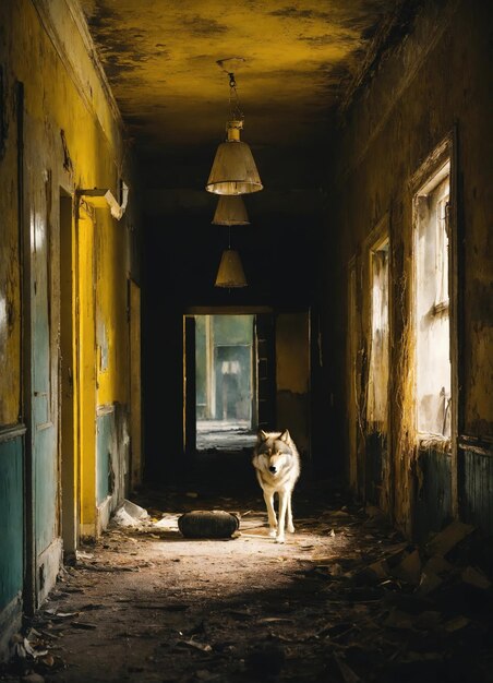 Photo portrait d'un loup dans un couloir sombre la nuit