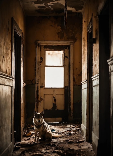 Photo portrait d'un loup dans un couloir sombre la nuit