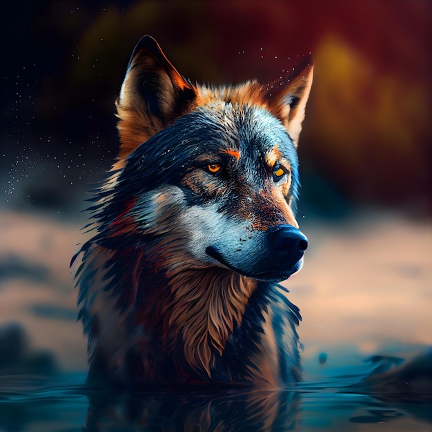 Portrait d'un loup dans l'eau rendu 3D