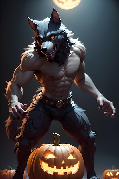 Portrait d'un loup-garou avec une citrouille Halloween