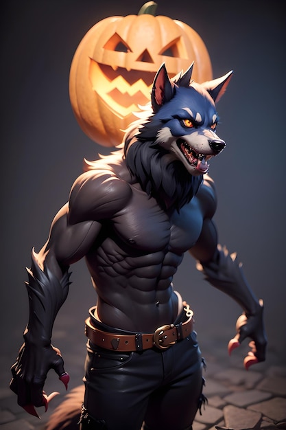 Portrait d'un loup-garou avec une citrouille Halloween