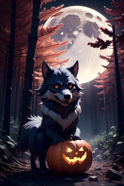 Portrait d'un loup-garou avec une citrouille Halloween
