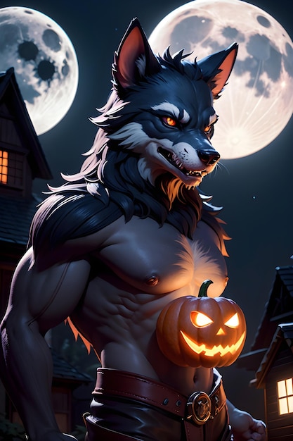 Portrait d'un loup-garou avec une citrouille Halloween