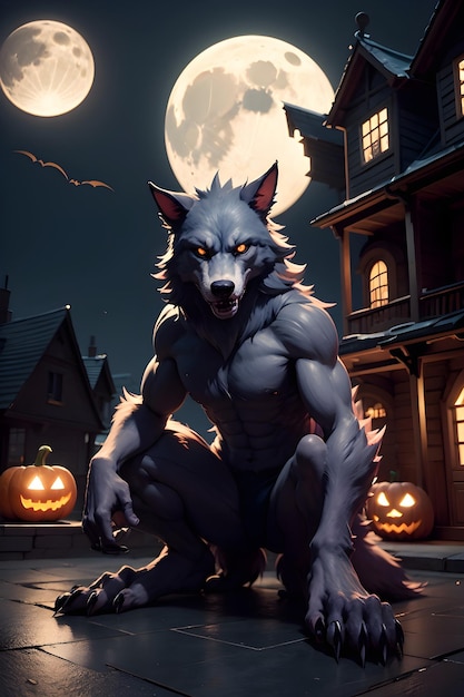 Portrait d'un loup-garou avec une citrouille Halloween