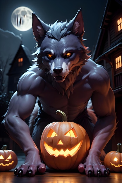 Portrait d'un loup-garou avec une citrouille Halloween