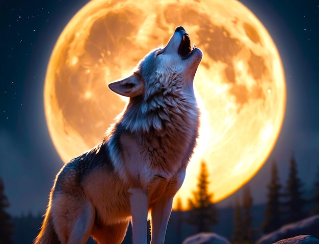Portrait d'un loup hurlant sur la pleine lune créé à l'aide de la technologie d'IA générative