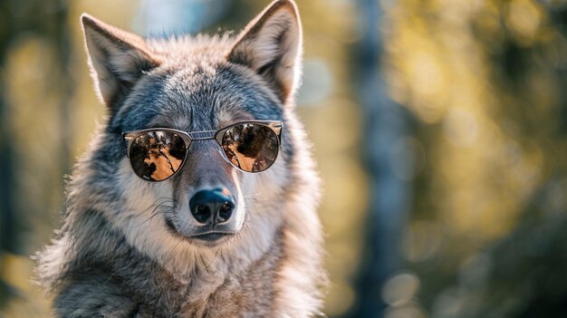 Photo portrait de loup avec des lunettes de soleil et un fond flou