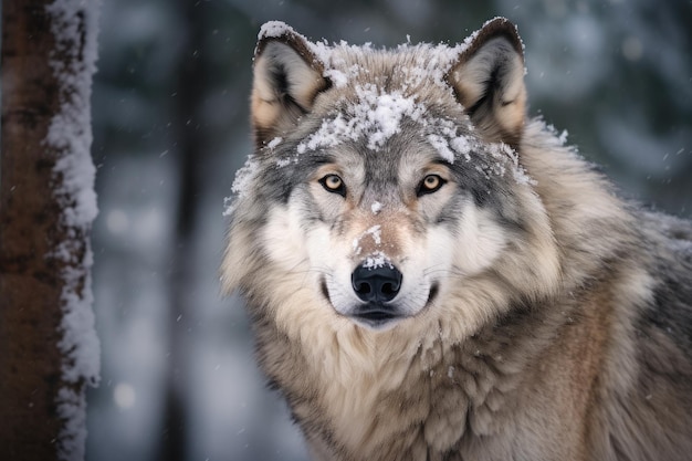 Portrait d'un loup de montagne neigeux