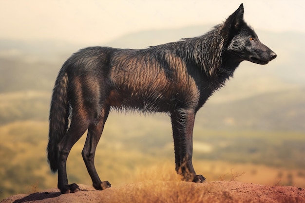 Portrait d'un loup noir debout sur une colline à la lumière du matin