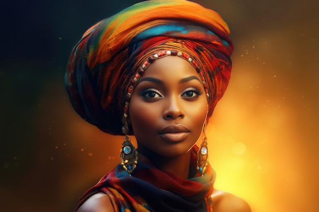 portrait lumineux d'une belle femme africaine souriante avec un foulard coloré et brillant sur la tête