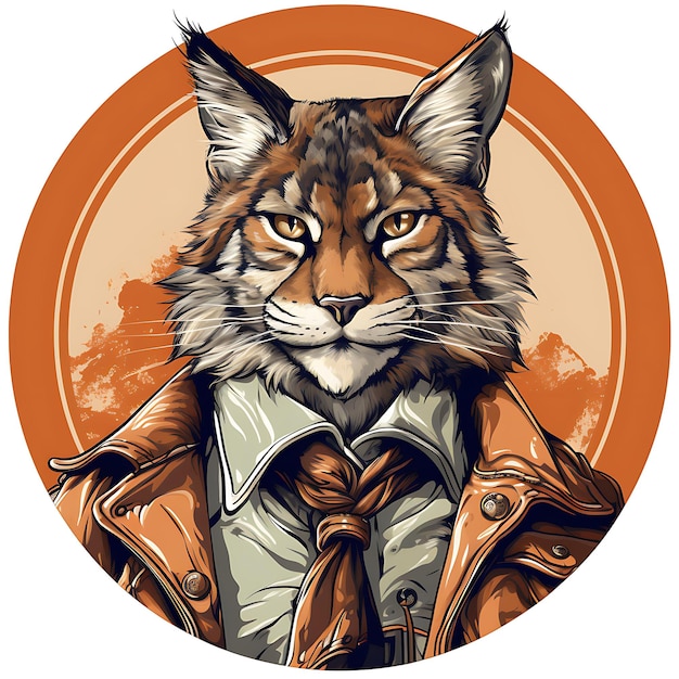 Portrait de Lynx portant une chemise boutonnée avec une affiche vintage de fixation cool 2D Flat Design Art