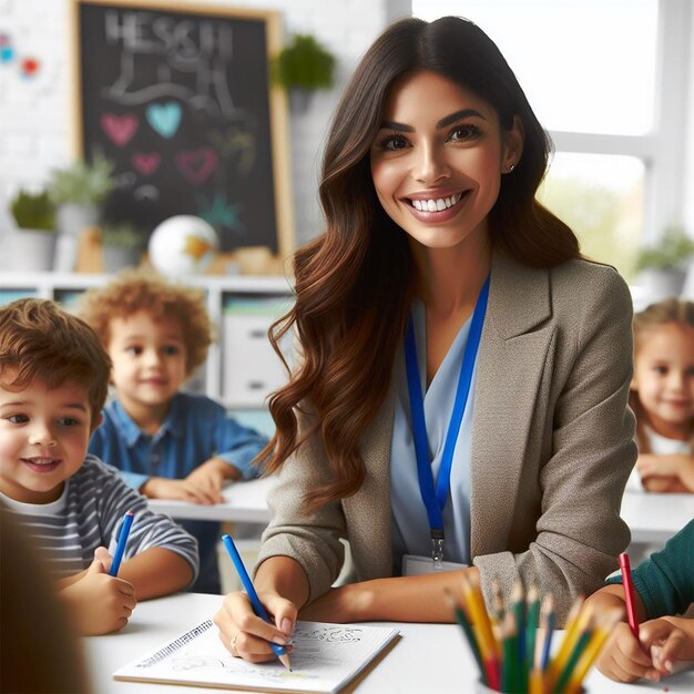 Portrait d'une magnifique enseignante d'école maternelle hispanique enseignant ses élèves dans un