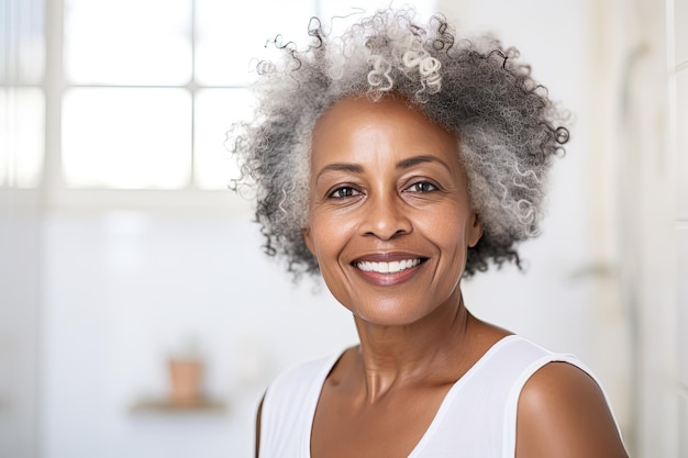 Portrait d'une magnifique femme afro-américaine d'âge moyen de 50 ans debout dans la salle de bain