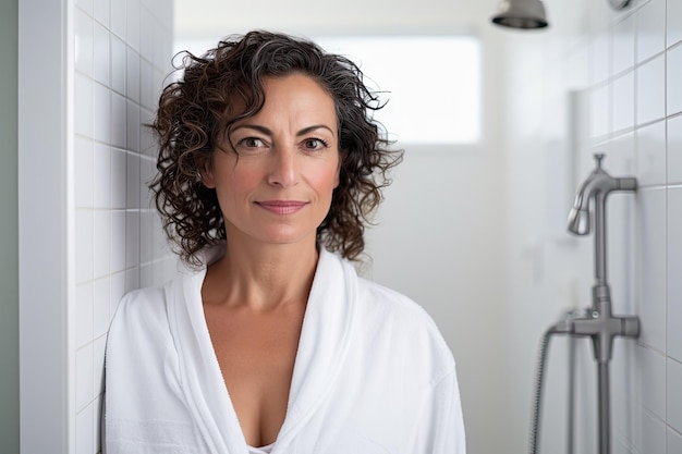 Portrait d'une magnifique femme d'âge moyen de 50 ans debout dans la salle de bain après une douche