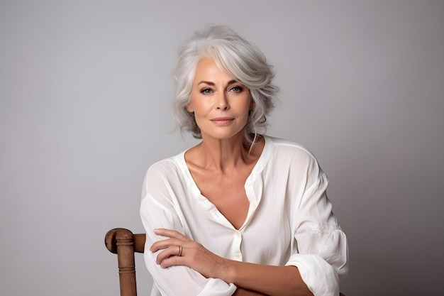 portrait d'une magnifique femme d'âge moyen des années 50 avec des cheveux gris souriant, espace de copie