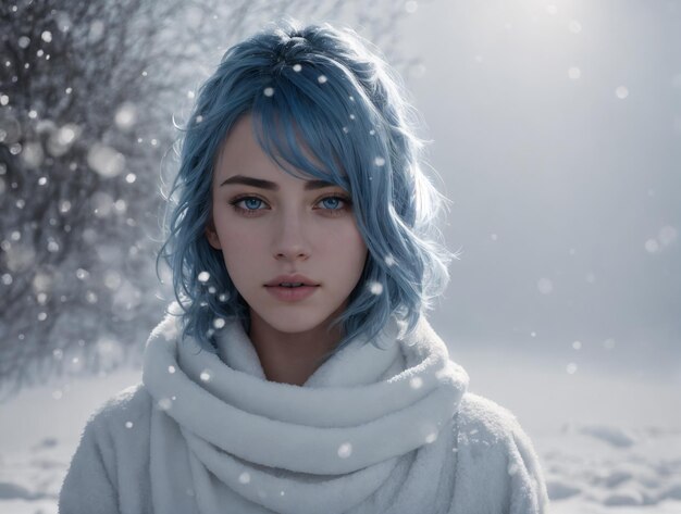 Photo portrait magnifique d'une femme avec les cheveux et les yeux balayés par le vent bleu dans le cadre de la neige