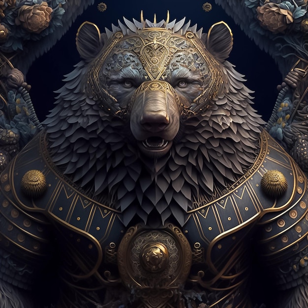 Portrait majestueux d'ours en armure avec une forte présence générée par l'IA