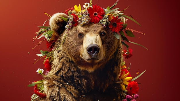 Portrait d'un majestueux ours avec une couronne de fleurs sur la tête L'ours regarde la caméra avec une expression sérieuse