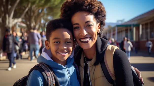 Photo portrait d'une maman avec son fils d'écolier concept de retour à l'école