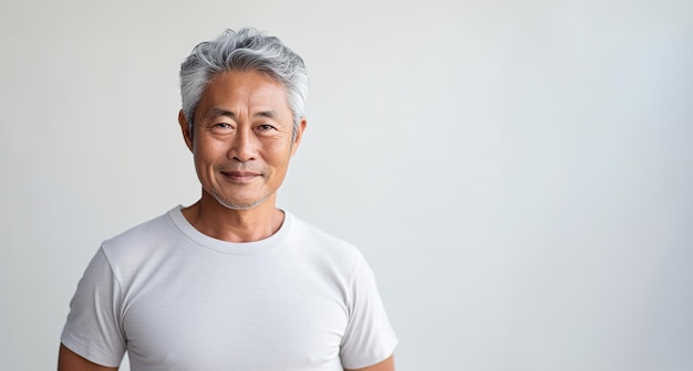 Portrait d'un mannequin asiatique d'âge moyen aux cheveux gris isolé sur fond blanc portant un